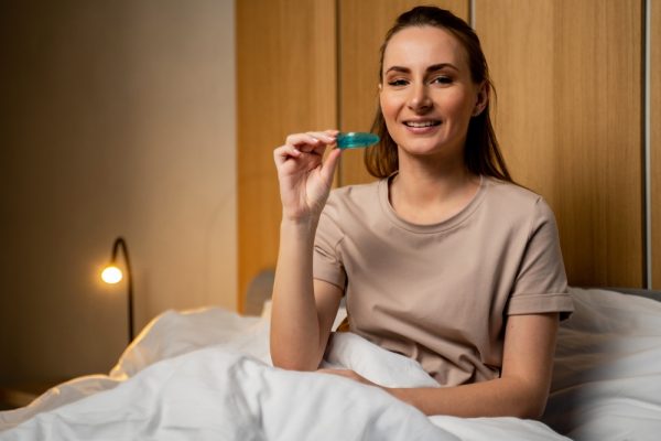 woman holding her oral appliance as she gets ready to sleep